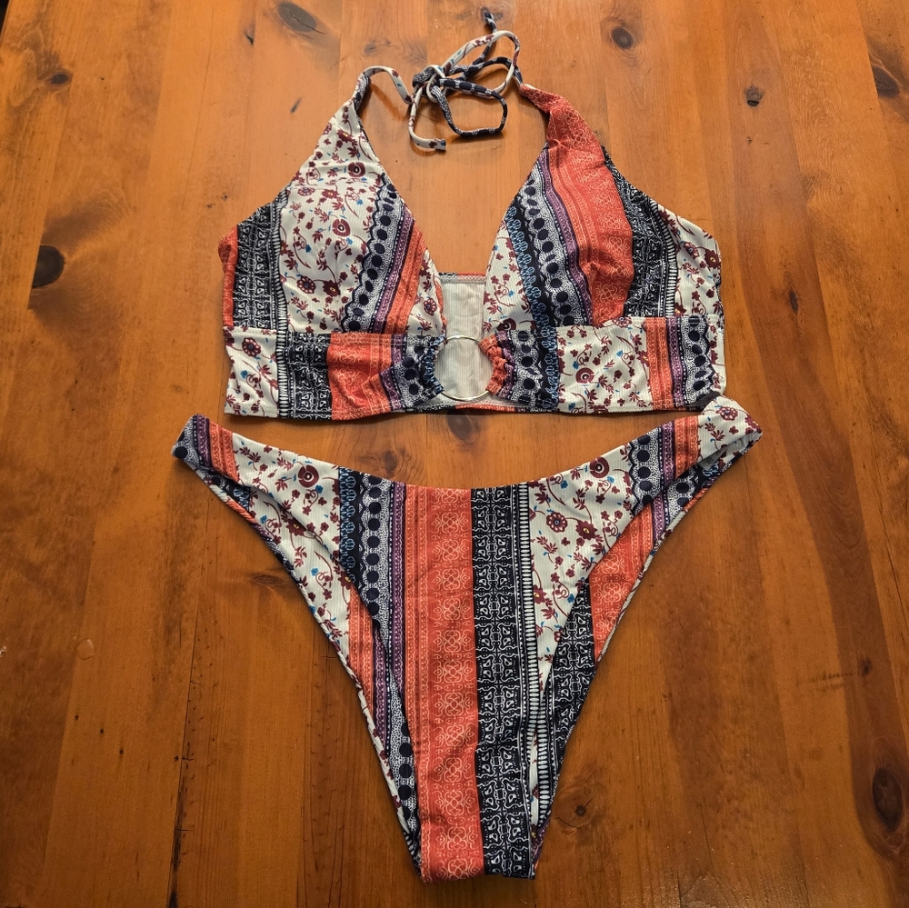 ZAFUL O Ring Halter Bikini Sets High Cut Cheeky Swim bottoms Ribbed V Neck Sz XL